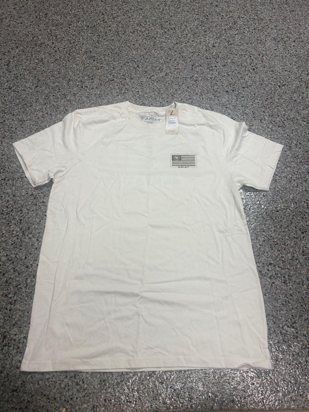 Ariat Men's White Short Sleeve Tee with Chest Flag Logo Large